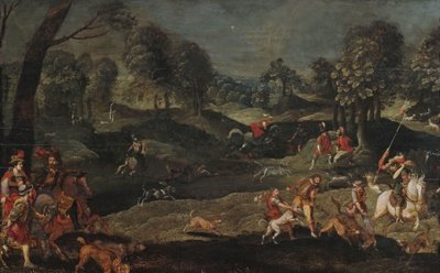 Hunting Scene in a Forest Landscape with a Ruling Couple Participating by circle of Sebastian Vrancx
